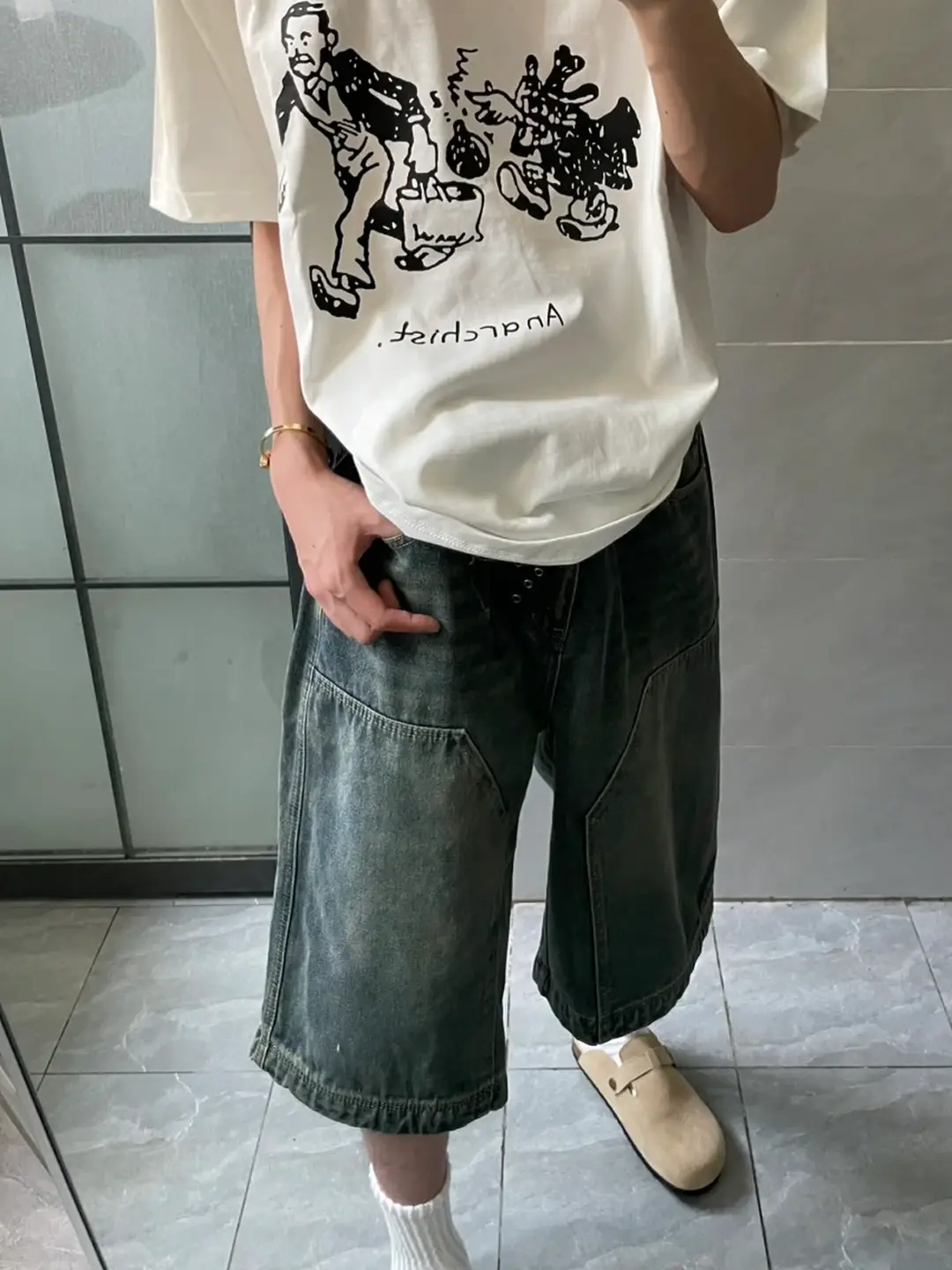 American Retro Street Style Washed Lumberjack Denim Shorts for Men and Women, Loose Casual Distressed Over-The-Knee Wide-Leg Pants