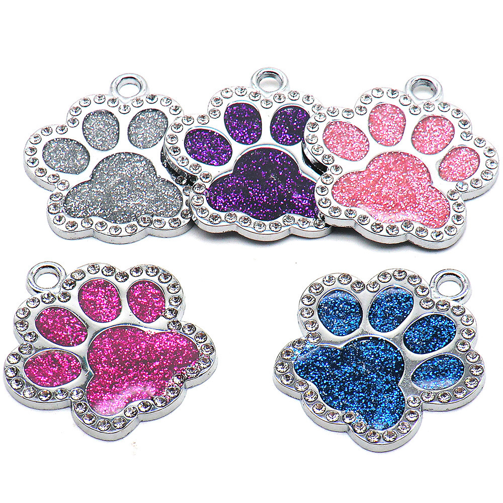Pet Anti-Lost Tag Zinc Alloy Diamond-Encrusted Paw-Shaped Laser-Engraved Pet Dog Tag Cat and Dog Collar Jewelry Nameplate