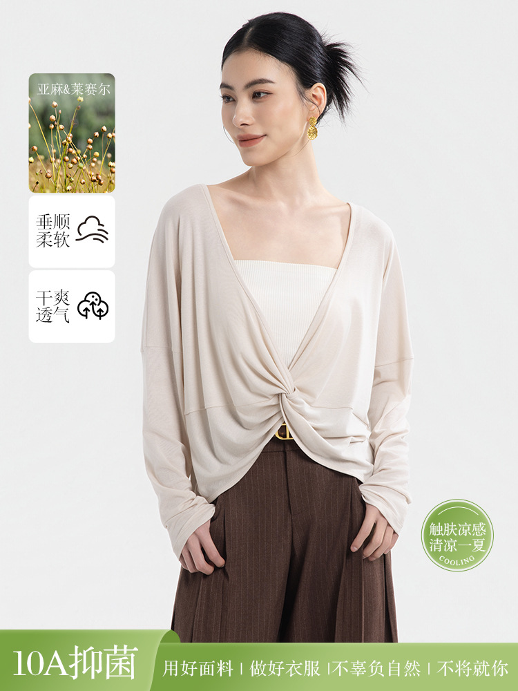 Raindrop Linen Long-Sleeve Blouse for Women, Summer Lazy Old Money Style, Loose, Breathable, Lightweight Cardigan