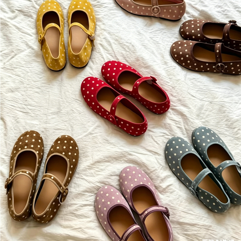 In-Stock Polka Dot Women's Flat Shoes, Shallow Mouth, New Spring/Summer Foreign Trade Round-Toe Ballet Shoes, Dopamine Mary Jane Shoes