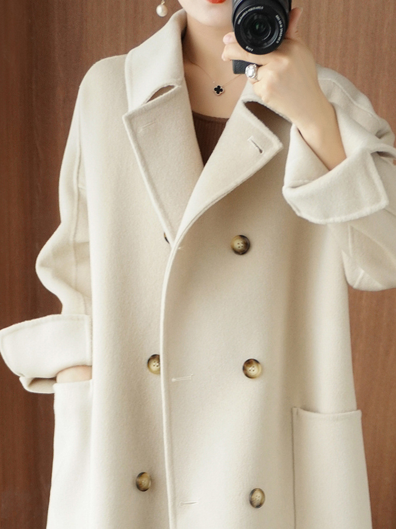 Light Luxury Wool Double-Sided Nylon Coat Women's Long Loose Atmospheric Double-breasted Woolen Coat Long Woolen Trendy Coat