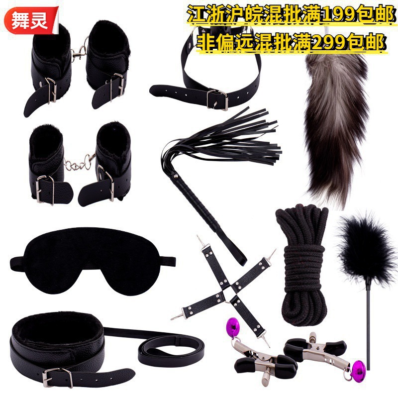 Eleven-Piece Set Feather Black Fox Tail Anal Plug Handcuffs Leather Plush Set Combination Set Leather Whip