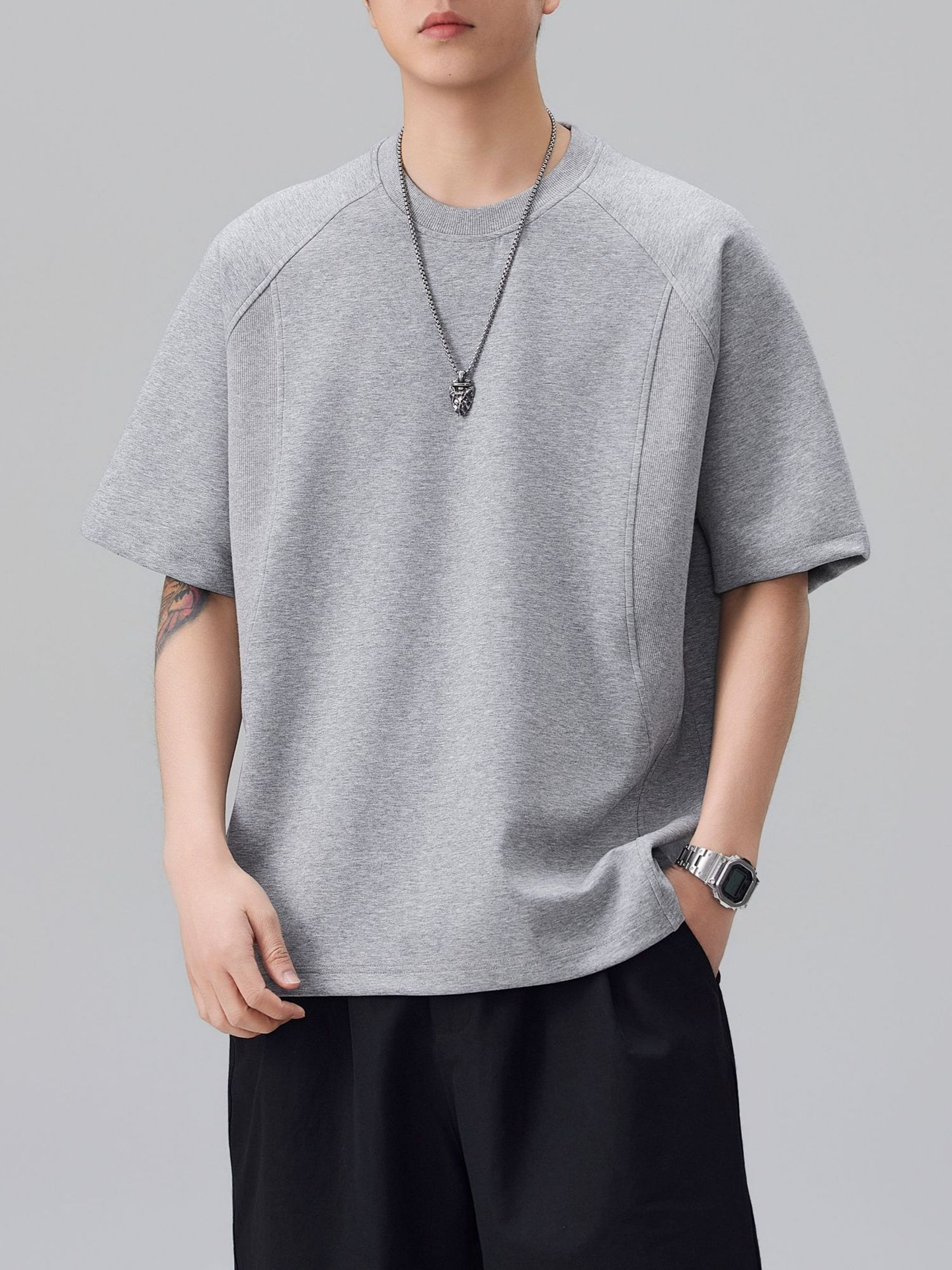 Summer New Style Patchwork Design Short-Sleeved Round-Neck T-Shirt for Men, American Trendy Brand Heavyweight Loose Casual Solid Color Top