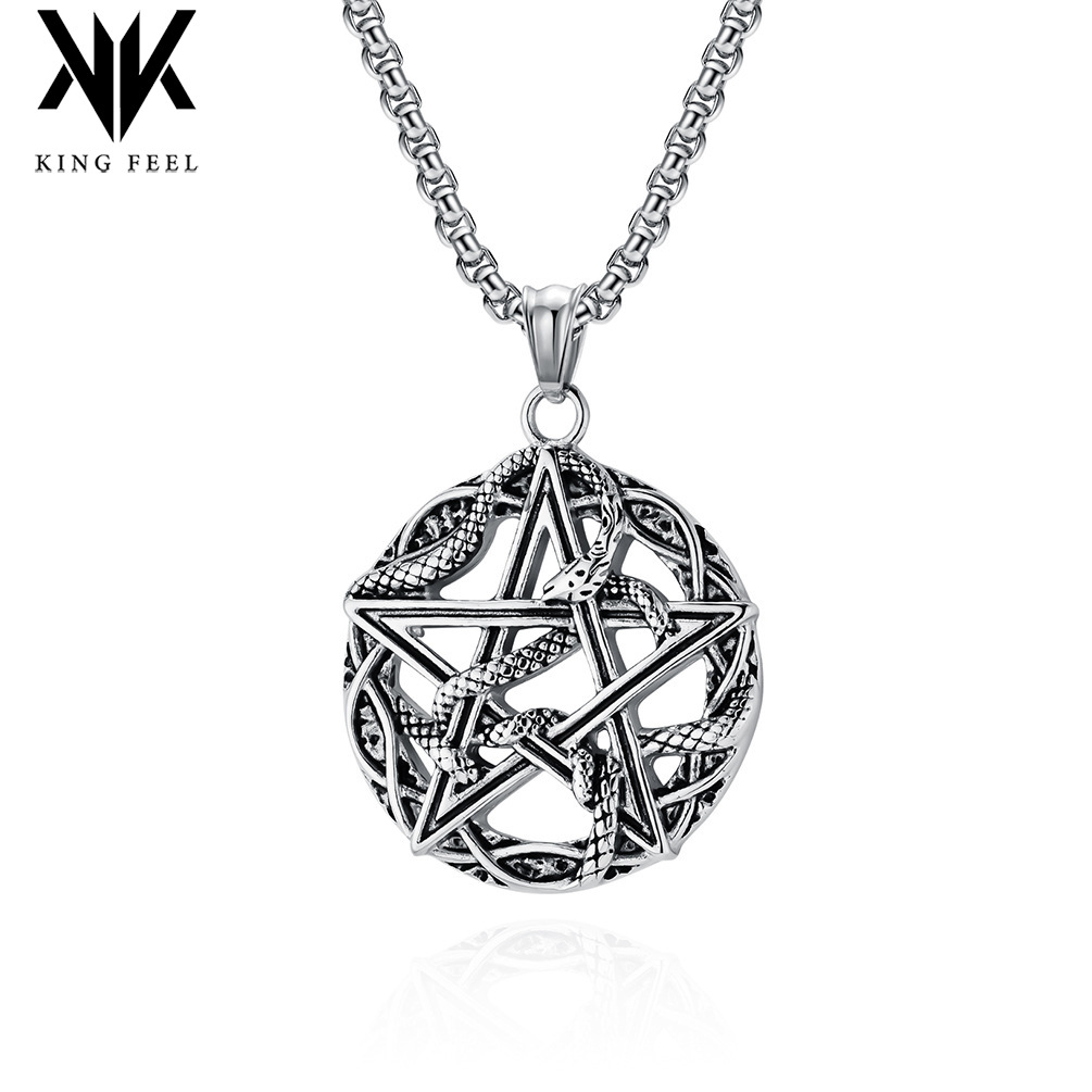 Cross-border European and American retro Python winding five-pointed star titanium steel necklace devil Satan pentagram pendant niche accessories