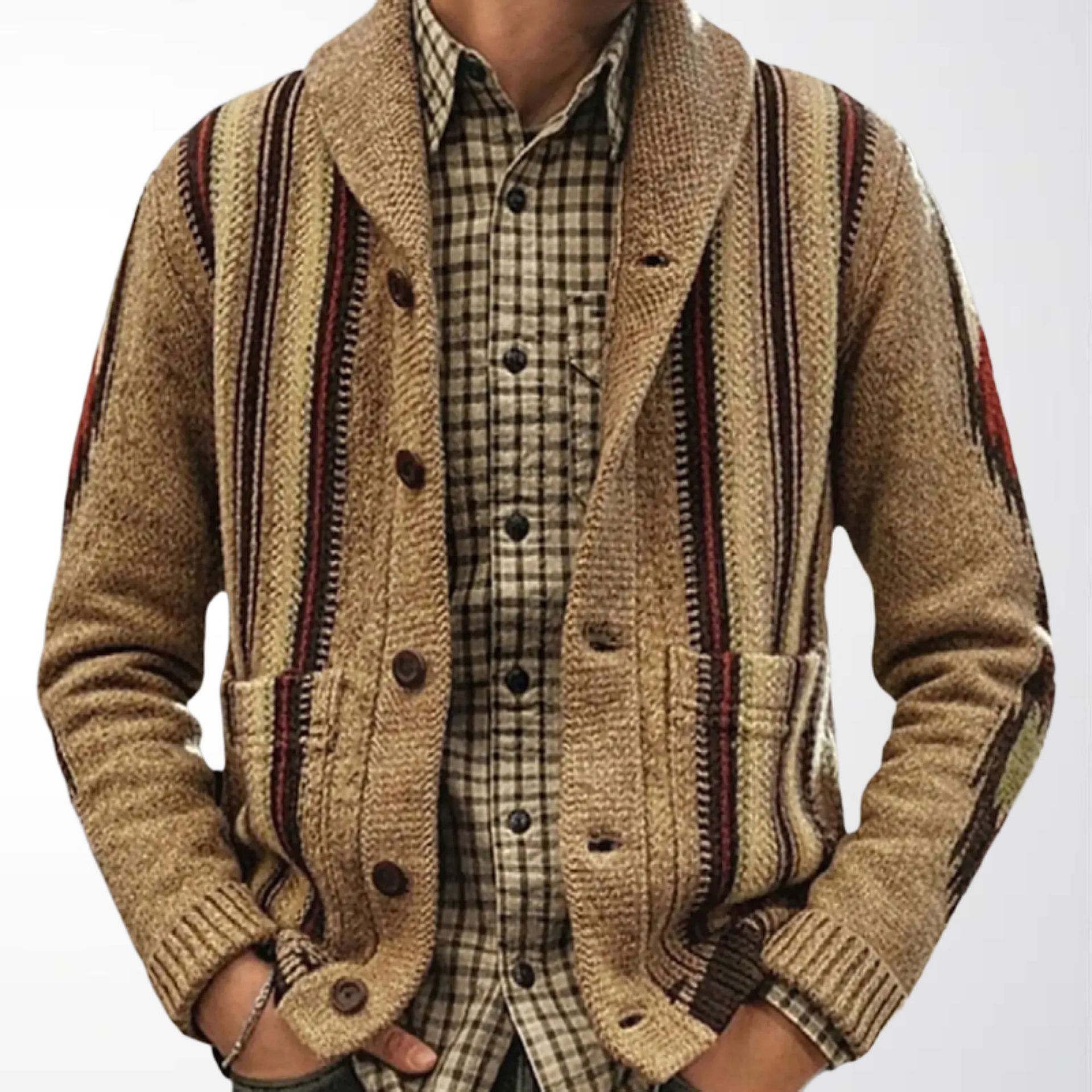 Men's Cardigan Sweater Autumn and Winter Style Retro Striped Jacquard Knit Thickened Jacket Cross-Border Men's Clothing Supply Sy0009