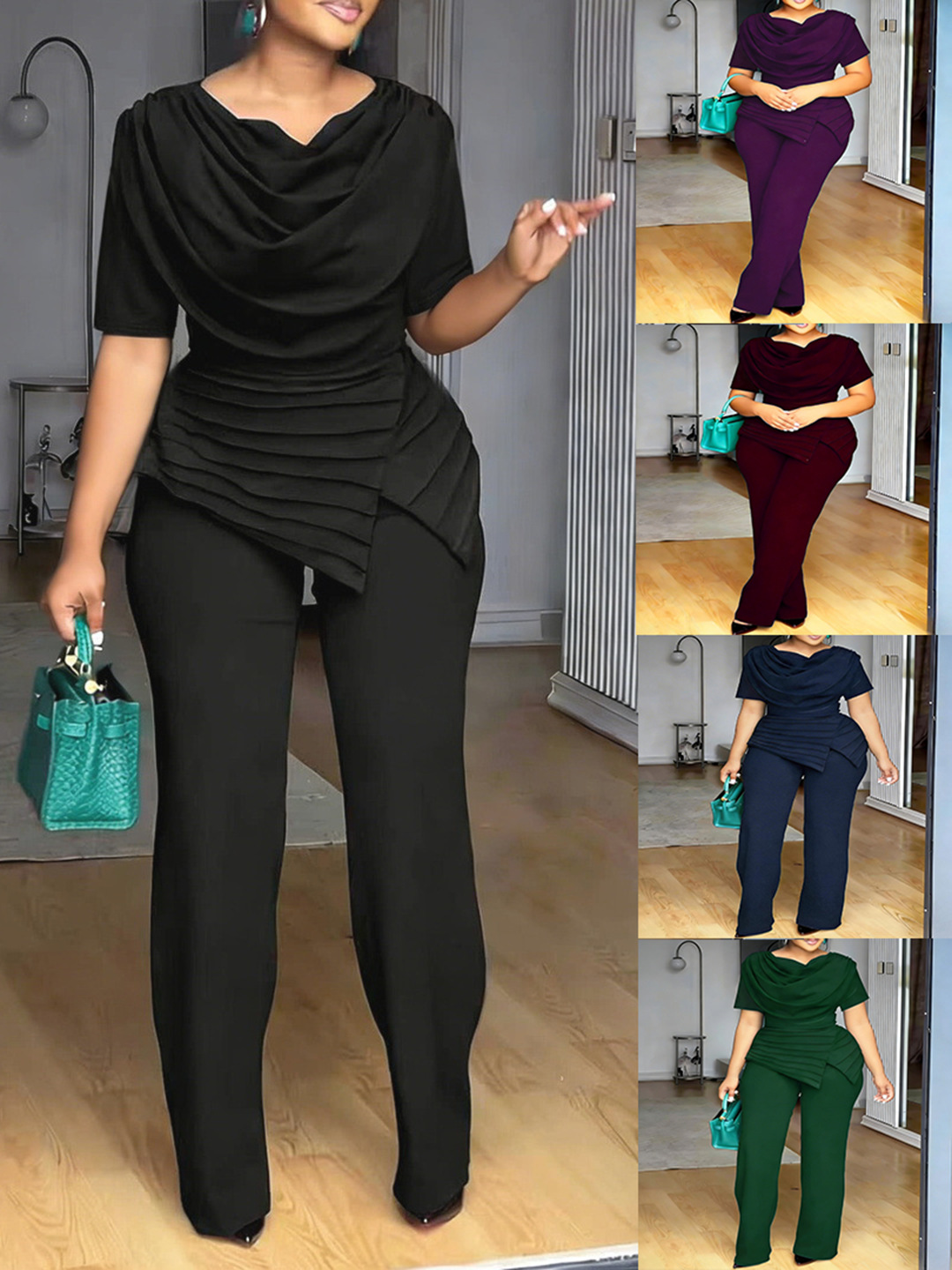 2026 European and American Style High-Neck Waist-Cinching Top + Wide-Leg Pants Set, Plus-Size Elegant Two-Piece Women's Outfit for Work