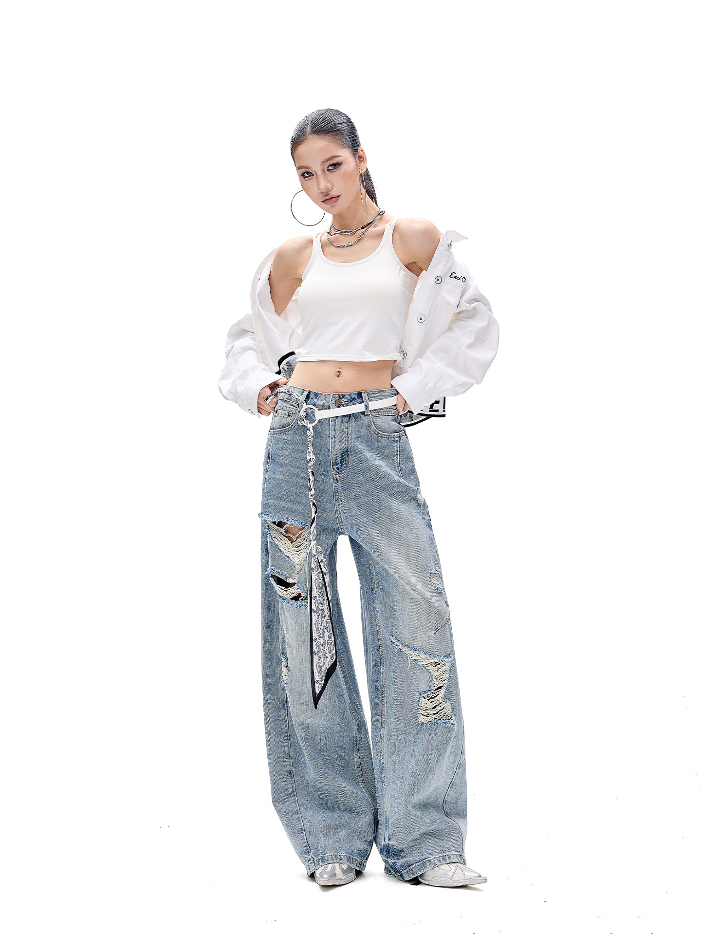Tuogu American-Style Street Washed Distressed Ripped Jeans for Women, Spring and Summer Loose Fit, Versatile Wide-Leg Pants