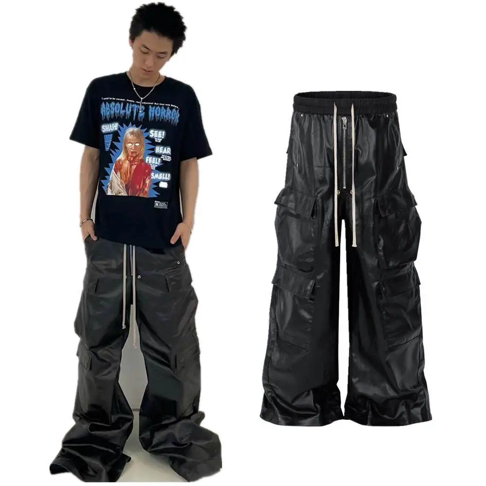Ro Style Dark High Street Gethbela Matte Coated Cargo Pants Unisex Smooth Casual Pants Black