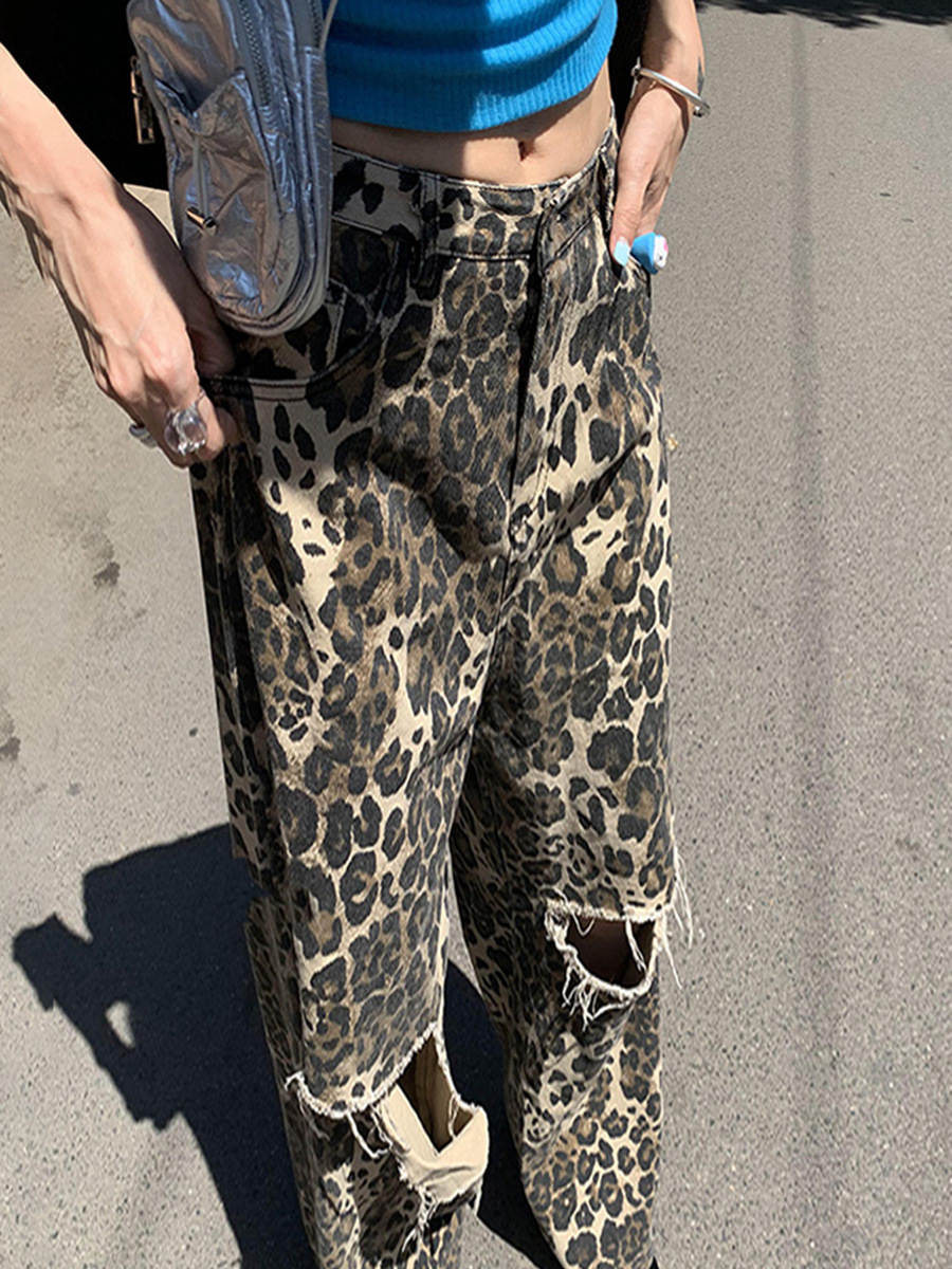 Vintage Leopard Print Wide-Leg Pants 2026 Spring New American Style High-Waisted Slimming Straight-Leg Pants with a Unique Design and Ripped Denim for Women