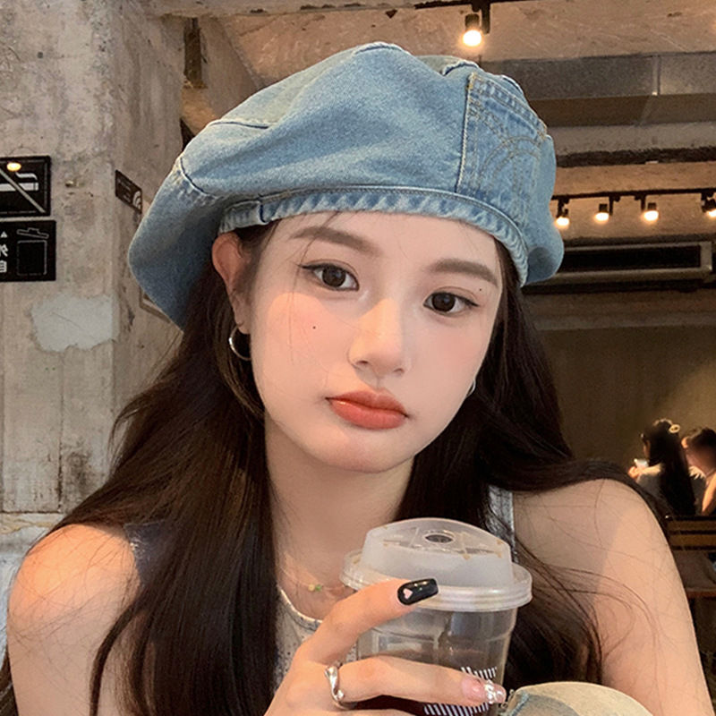 Hat for women 2023 new big head circumference face-looking denim beret for Women summer round face retro octagonal hat
