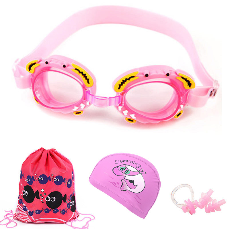 Children's crab swimming goggles HD anti-fog waterproof swimming goggles swimming cap set earplug nose plug swimming glasses four-piece set