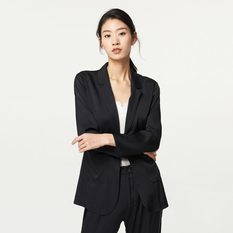 2025 Spring and Autumn Heavy Weight Silk Mulberry Silk Top Suit Women's Black Long Sleeve Two-Piece Commuting Suit Tops