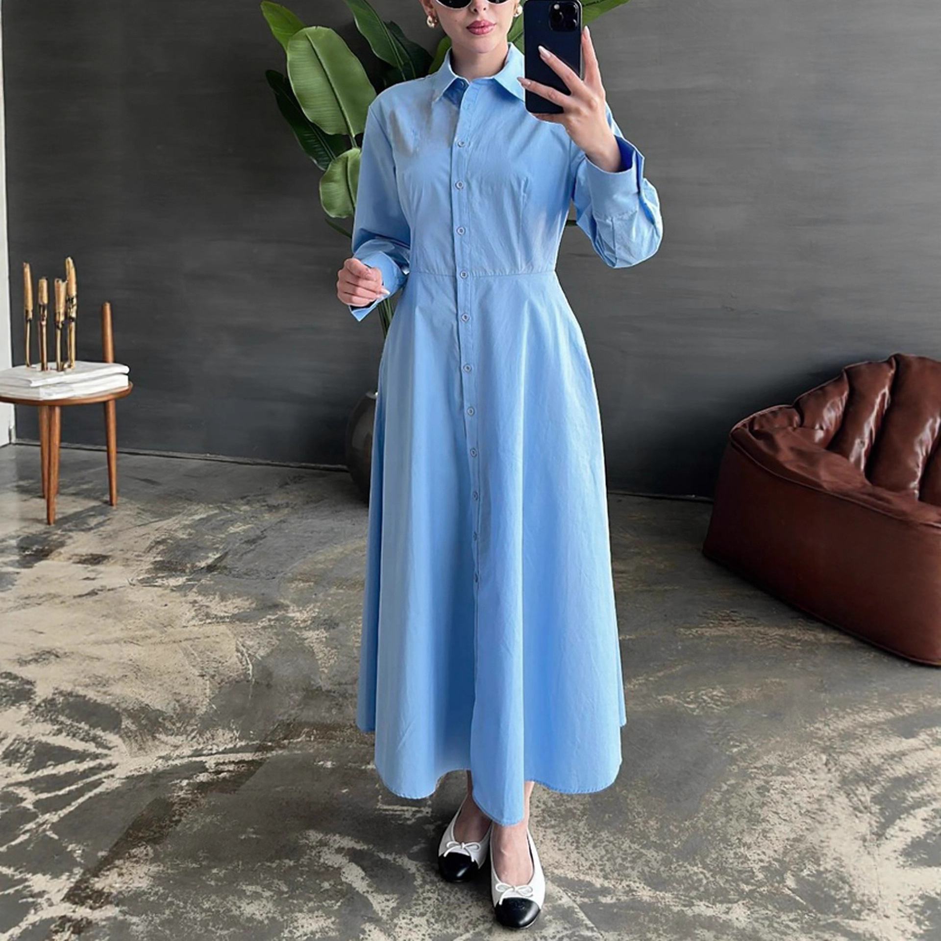 Women's Simple Lapel Solid Color Blue Long Skirt Casual Elegant White Slimming Straight Long-Sleeved Shirt Dress