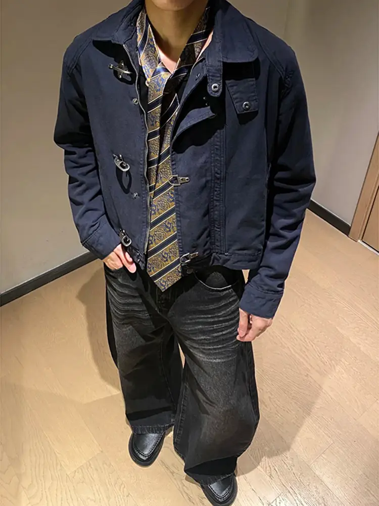 Structural Airplane Buckle Navy Blue Short jacket Trendy American retro parka Outwear Men's Autumn Casual Clothes
