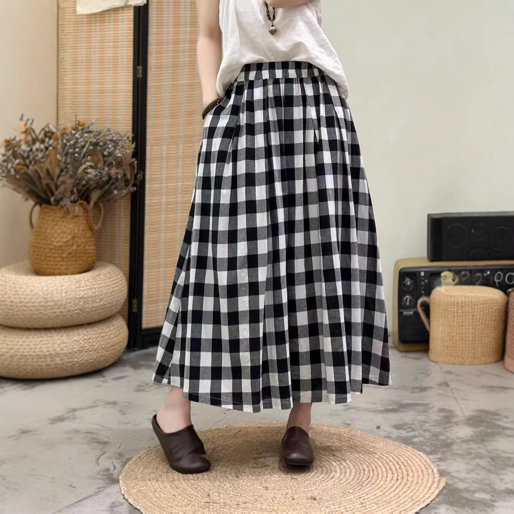 Plaid Skirt 2026 Spring New Style Artistic Style Elastic Waist Loose Mid-Length Pleated Skirt for Petite Women