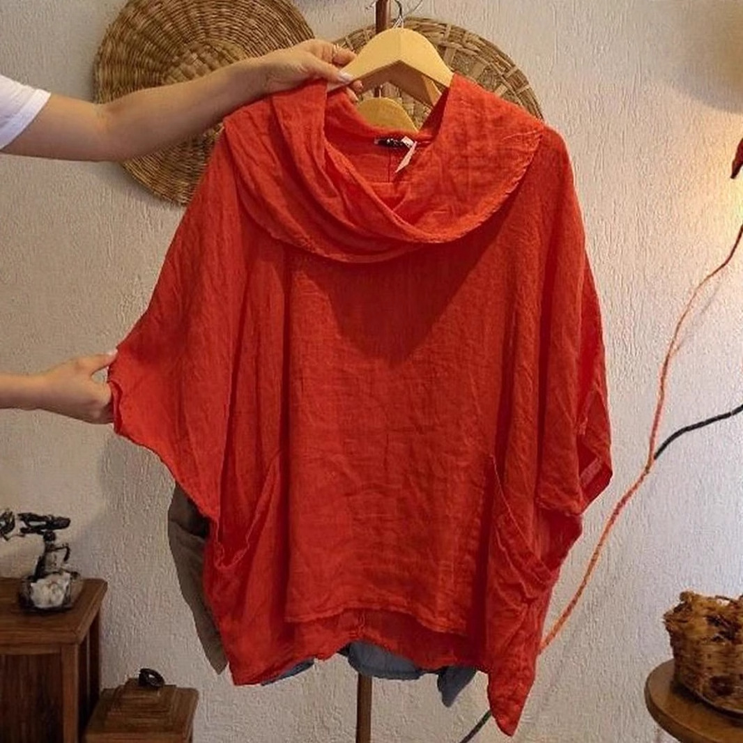 2025 European and American Cross-Border Amazon Fashion Women's Draped Neckline Linen Pocket Top