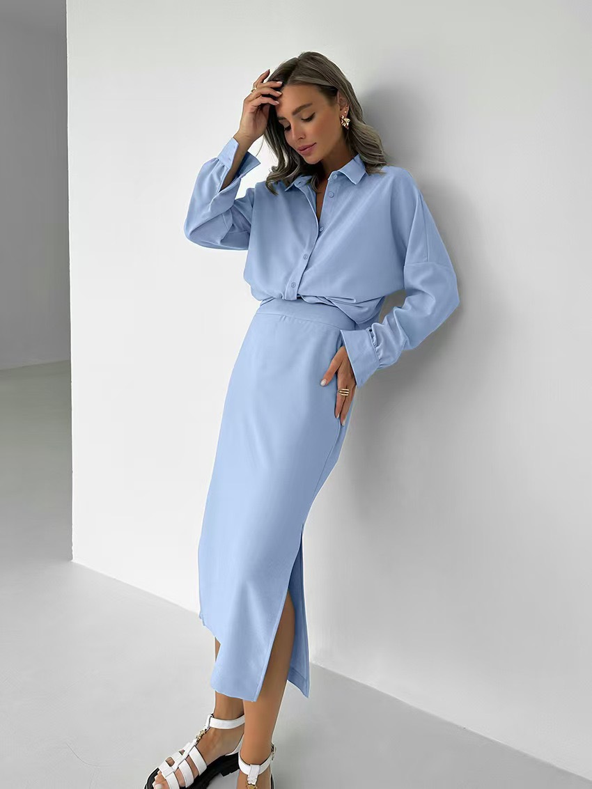 2026 Cross-Border European and American Spring and Autumn New Elegant and Fashionable Solid Color Shirt + High-Waisted Long Skirt Two-Piece Women's Set