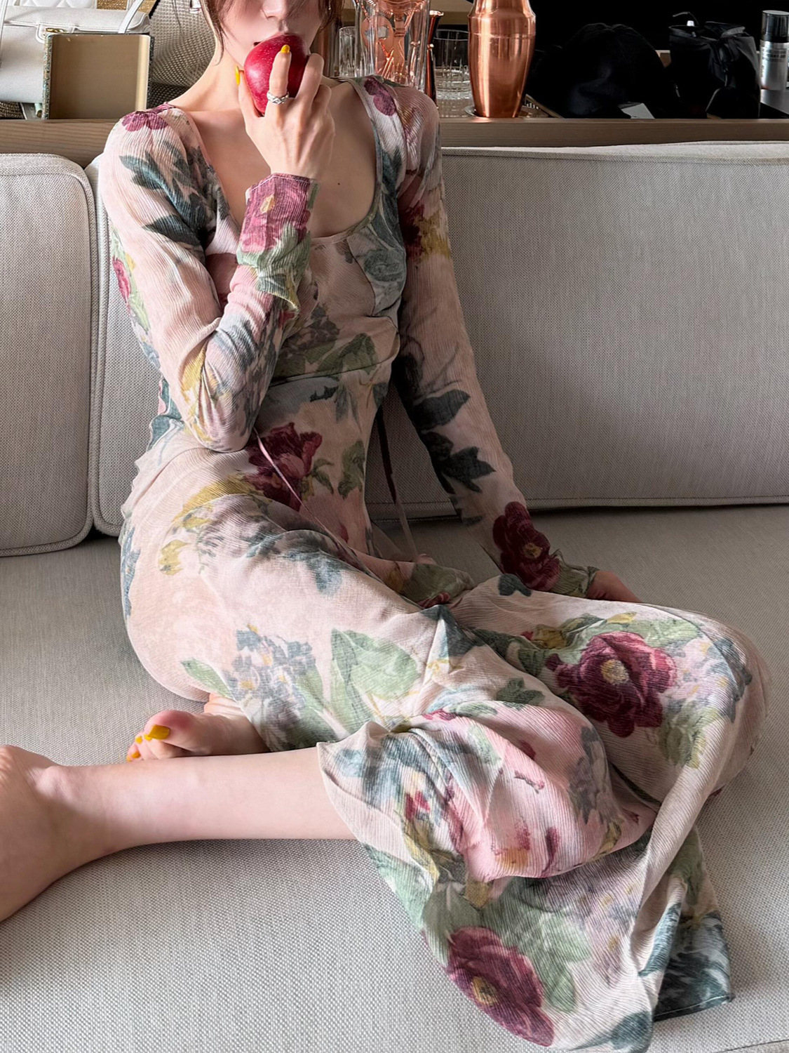 26 Summer Deep V-Cut Dress Bohemian Style Long Sleeve Slim Fit Printed Dress Women's Two-Piece Long Dress Set