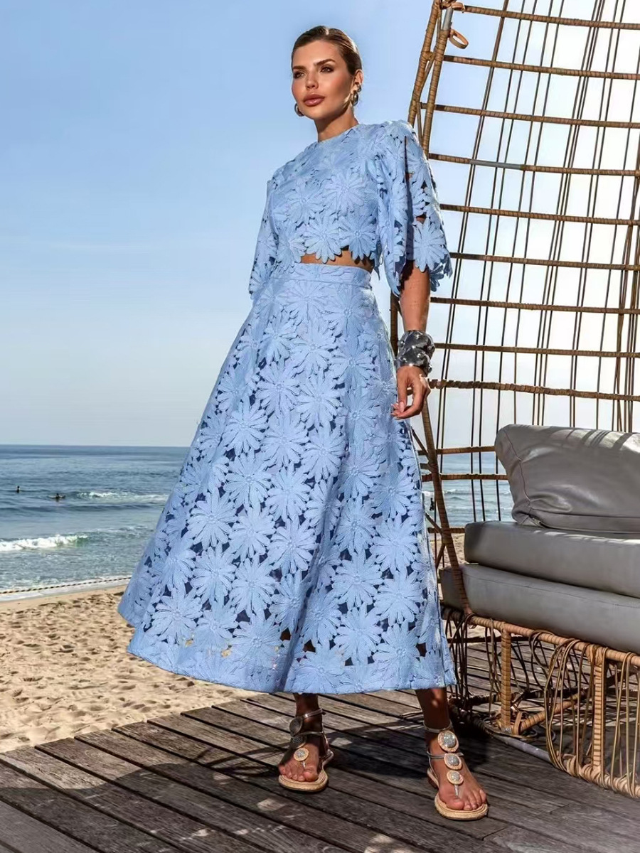 Stylish and Elegant Two-Piece Set 2026 New Style Round Neck Hollow-Out Short Top + High-Waisted Skirt Set for Women