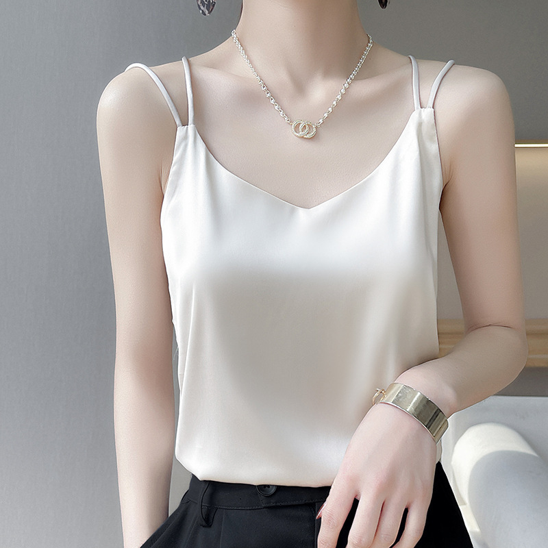 25 Spring and Summer New Acetic Acid Satin Sling Double Shoulder Strap Back Cross Vest Suit with Small Shirt Simple All-match