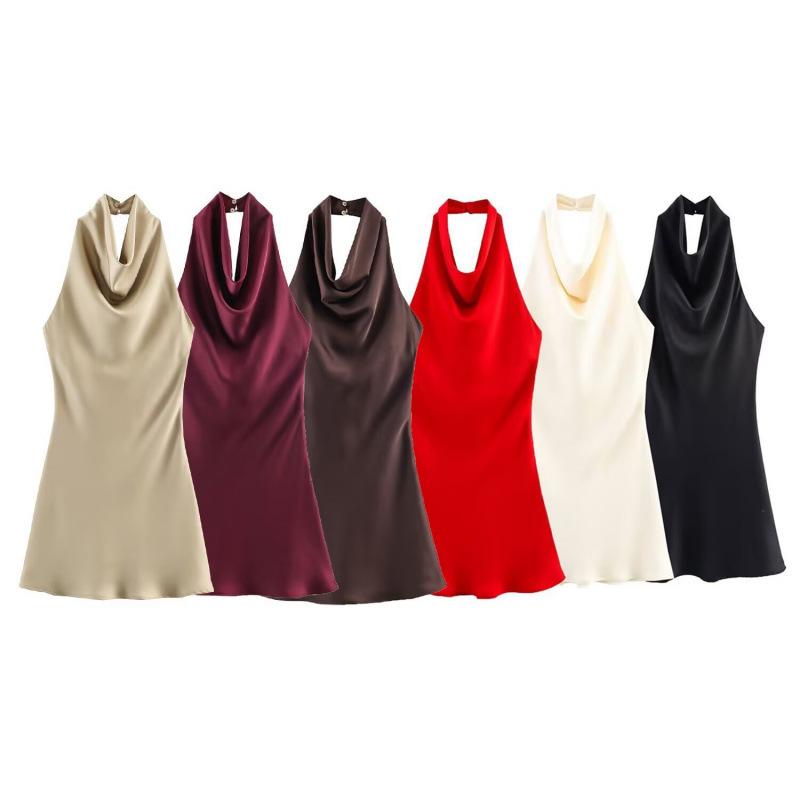 Cross-Border Wholesale Foreign Trade Women's Clothing Summer European and American Style Backless Silk Satin Texture Short Halter Neck Dress for Women