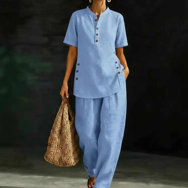 2026 New European and American Cross-Border Independent Brand Comfortable Casual Button-Up Shirt and Wide-Leg Pants Linen Two-Piece Set in Stock