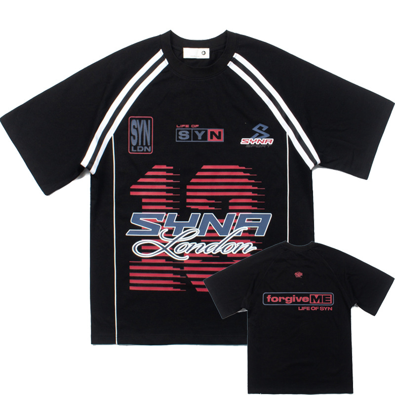 2026 Cross-Border American Street Hip-Hop Rap Racing Element Printed Two-Stripe Short-Sleeved T-Shirt for Men and Women Tee