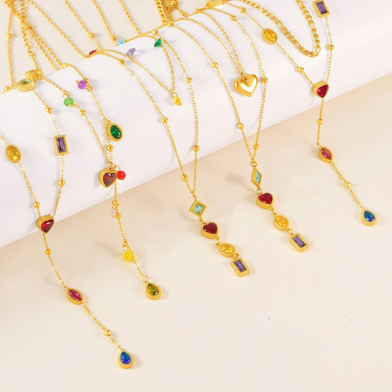 Colorful Summer New Fashion Color Diamond Tassel Clavicle Chain Love Double Layer Stainless Steel Necklace Wholesale