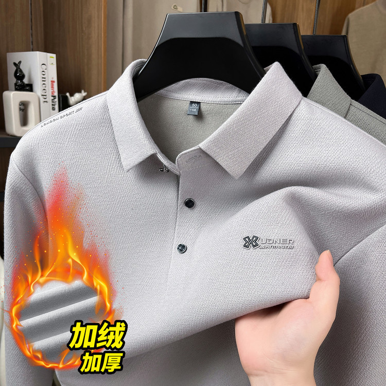 Fleece-Lined Jacquard Long-Sleeve Polo Shirt Casual Base Shirt for Middle-Aged and Elderly Men