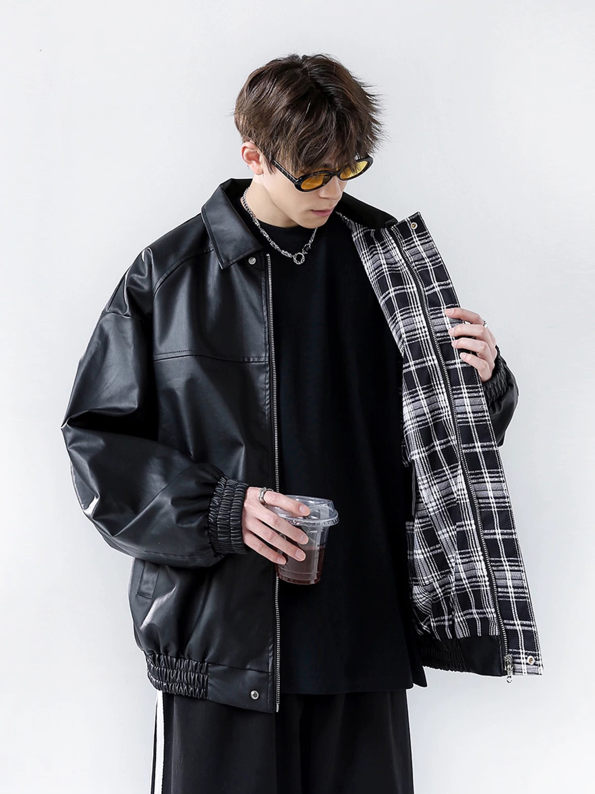 Double-sided Spring and Autumn New Lapel PU Leather Jacket Men's Riding Motorcycle Leather Jacket Men's American Style Street Retro Jacket Trendy