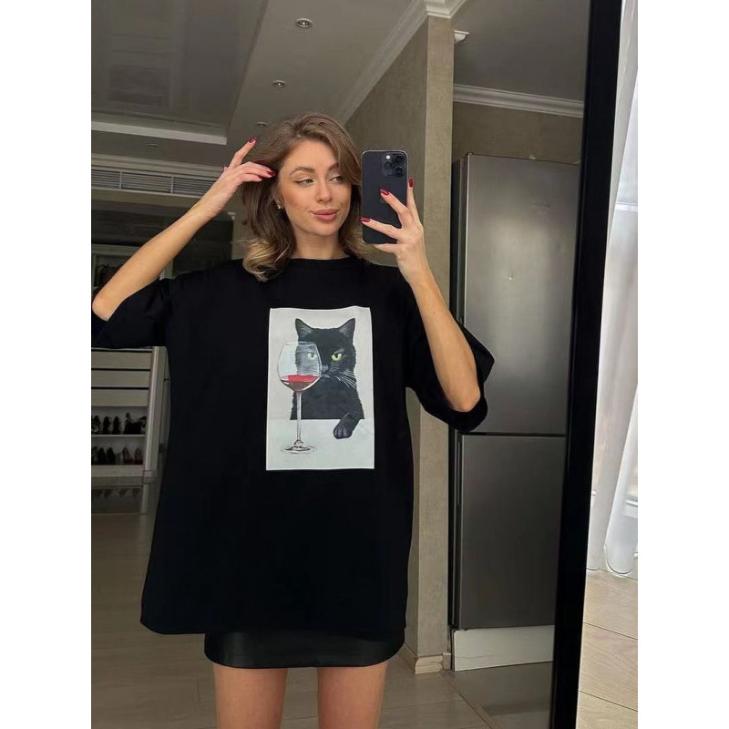 Street-Style Personality, Fun, Cute, and Unique Cartoon Cat Print Summer European and American Style Pure Cotton Short-Sleeved T-Shirt Top for Women