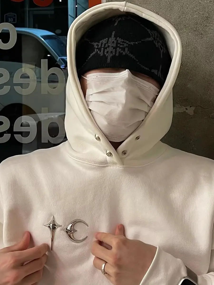 Street-Style American Retro Heavy-Duty Basic Simple Metal-Decorated Hooded Sweatshirt, Black and White Solid Color Versatile Hoodie