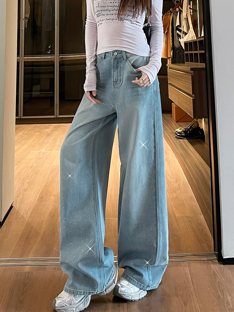 Star-Patterned Rhinestone Flared Jeans for Women, New American Retro High-Waisted Ripped Pants for Spring and Autumn