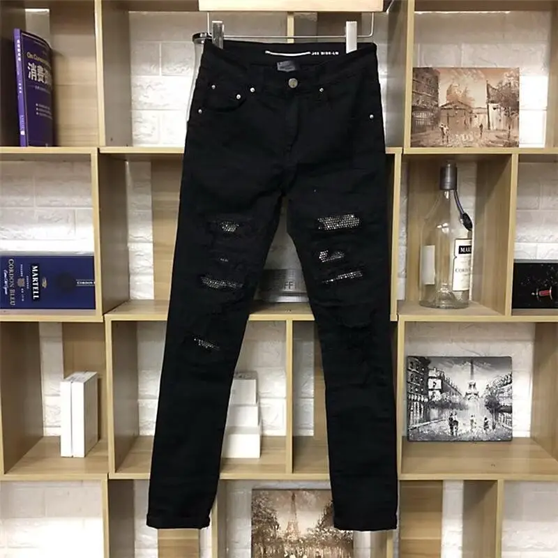 European fashion black trendy jeans men's 2024L autumn new personalized ripped patch slim fit trousers