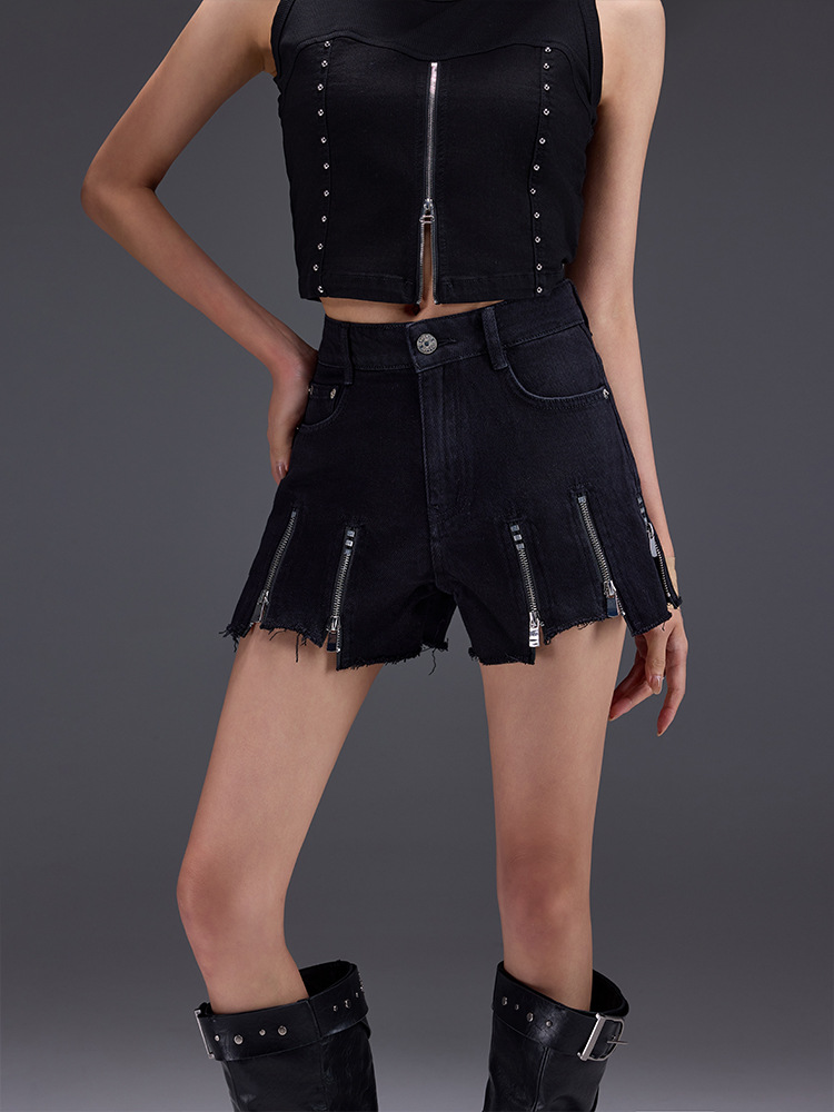 Tuogu Chaozhou Brand High Waist Black Denim Shorts Women's Summer New Spice Girls Slimming Rough Edge Zipper Shorts Hot Pants