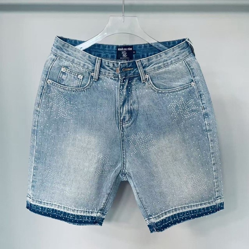 Trendy Mixed Emotion New Rhinestone Logo Summer High Street Fashion Patchwork Casual Denim Shorts Ins