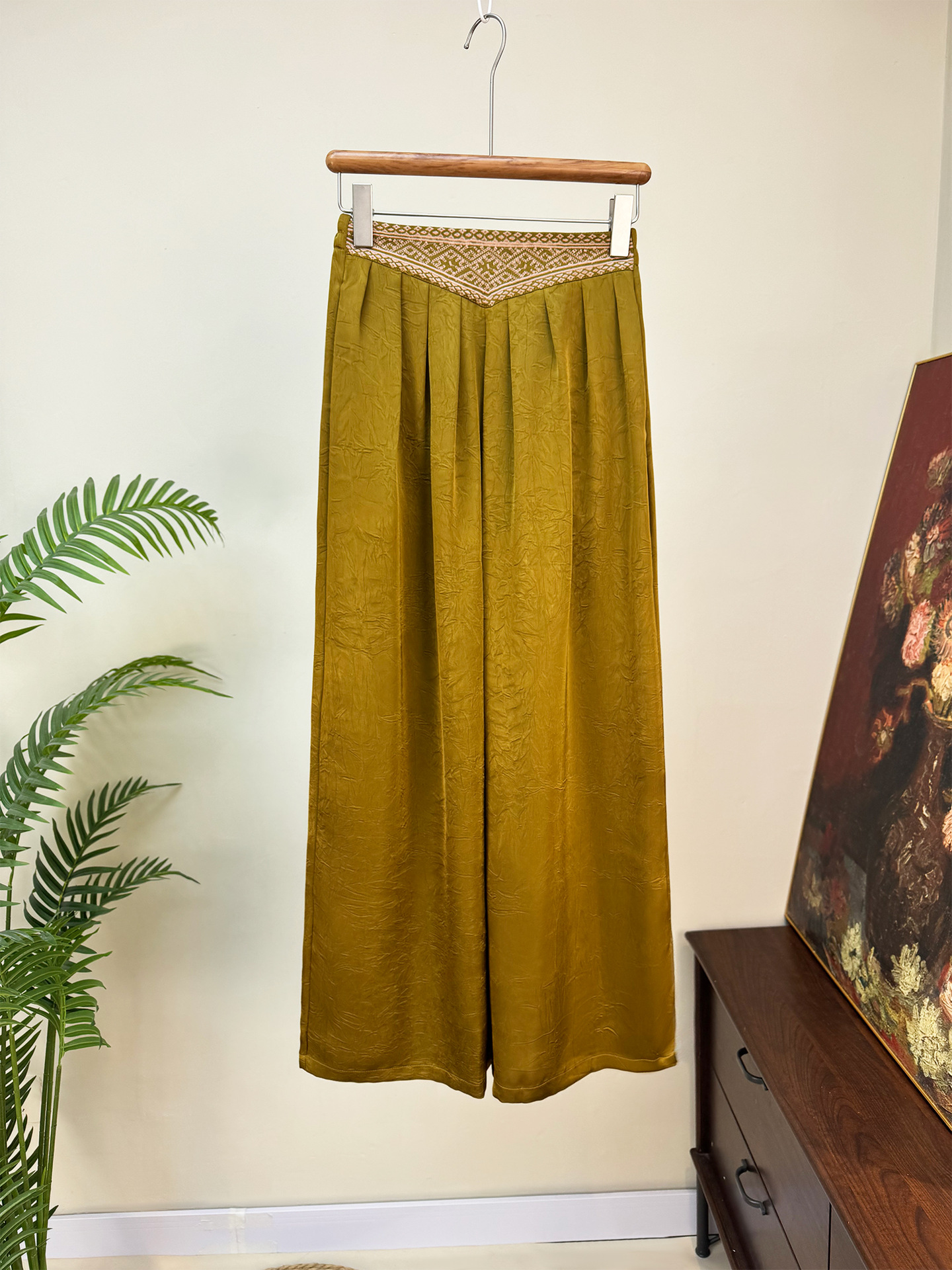 【Zhi Li】New Chinese-Style Jacquard Thin Wide-Leg Pants 2026 Summer New Embroidered Waistband Drapey Pants