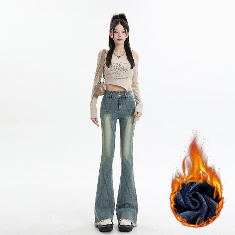 Mali & Autumn/Winter 2024 Retro High Waist regular/fleece-lined Double Buckle Jeans Women's Thing Micro-pants