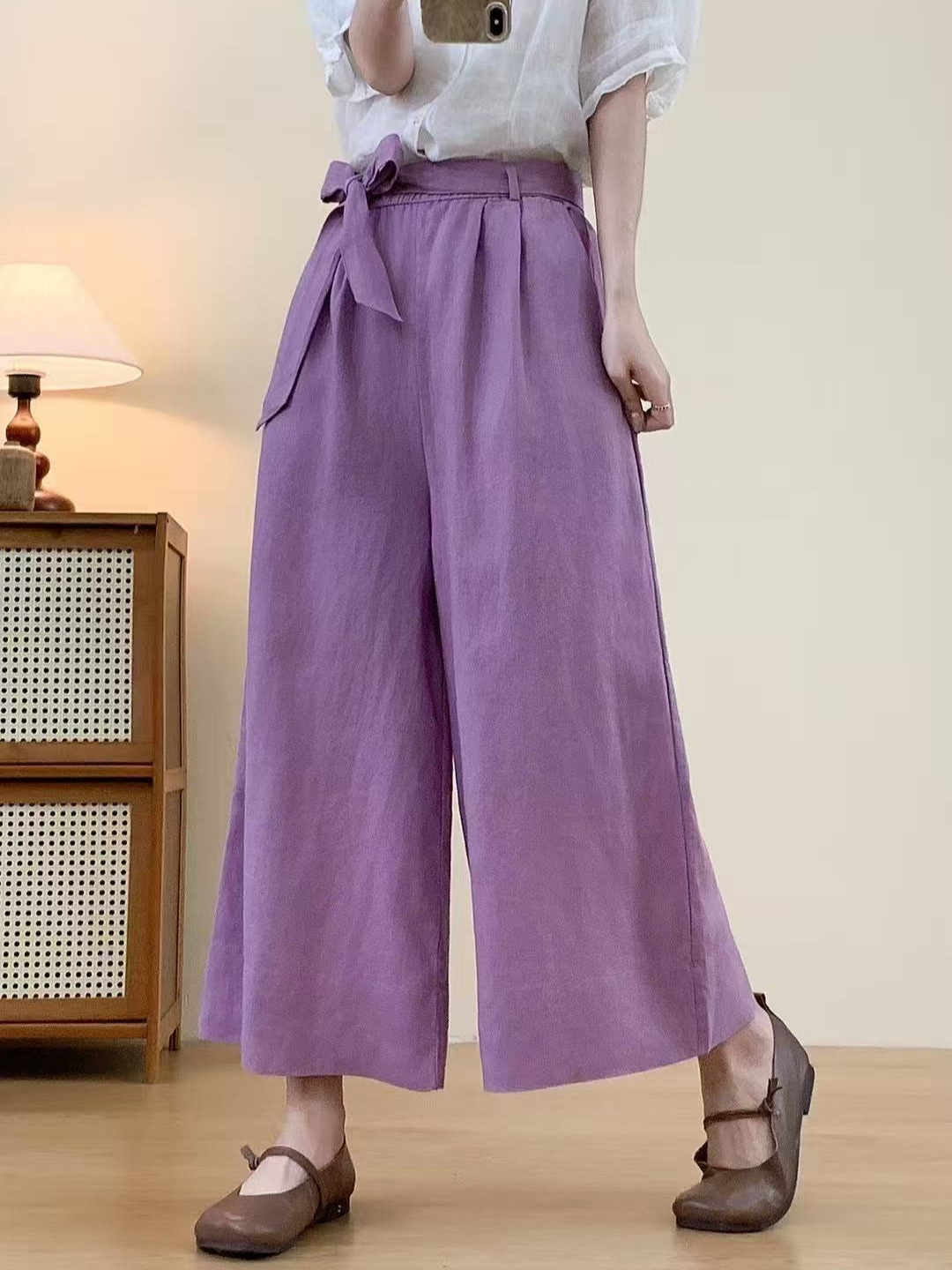 26 Summer Casual Pants for Women, Pure Linen Cropped Pants, Women's Tie-Waist Pants, Loose New Style Wide-Leg Pants, Thin Version