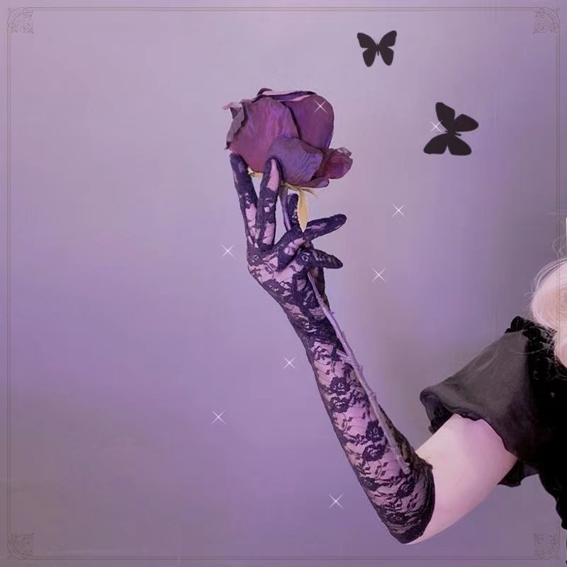 Diablo Harajuku lolita lolita Long Lace Gloves Women's lo Niang Flower Wedding Sleeve Punk Collocation Hand Sleeve