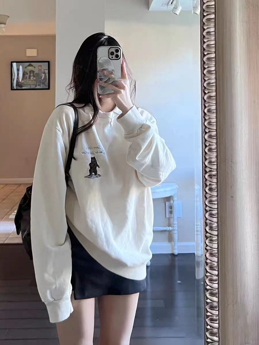 BM Wind Ouyang Nana Same Style Embroidered Bear Sweatshirt Pullover Female Spring and Autumn bm Roaring Bear Loose Coat Top Female