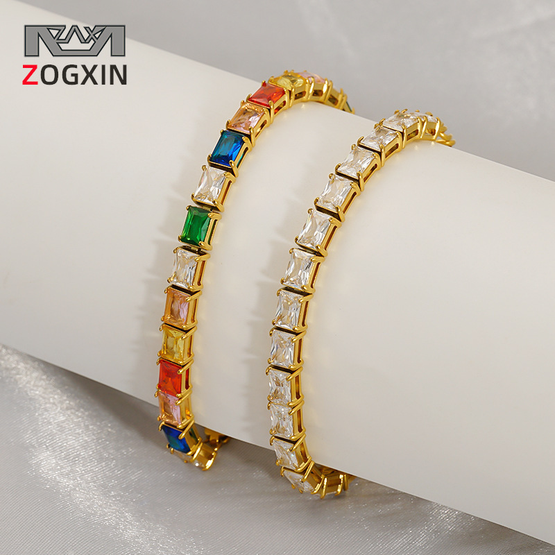 Cross-Border Tennis Chain Colorful Square Zircon Bracelet Hip-Hop Style Full Diamond Fashion Personalized Stainless Steel Jewelry