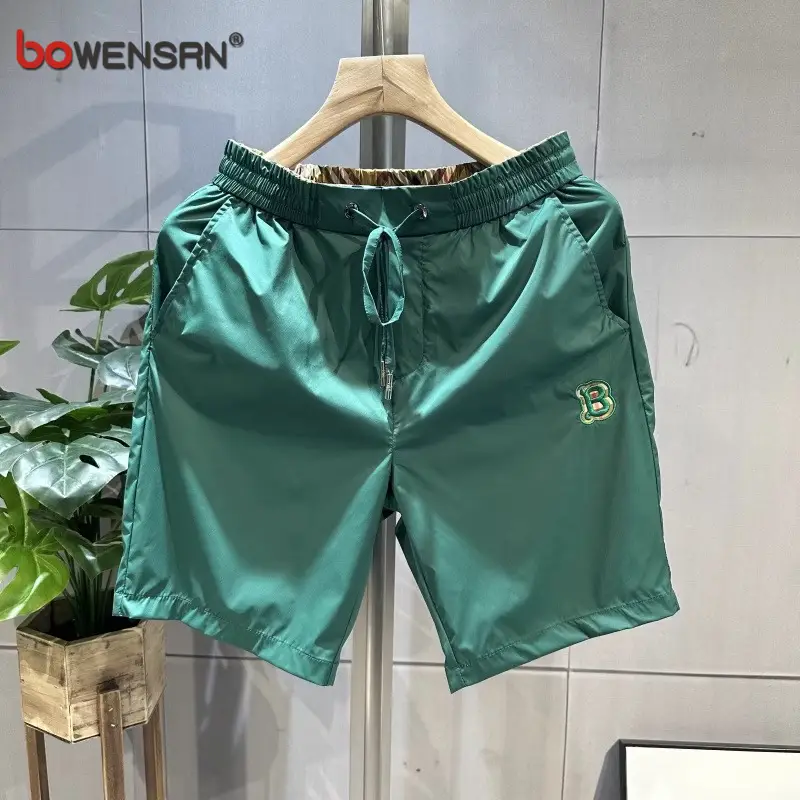Trendy Ice Silk Shorts Men Summer 2025 New Arrival Letters Embroider Sports Beach Casual Fifth Pants Men's