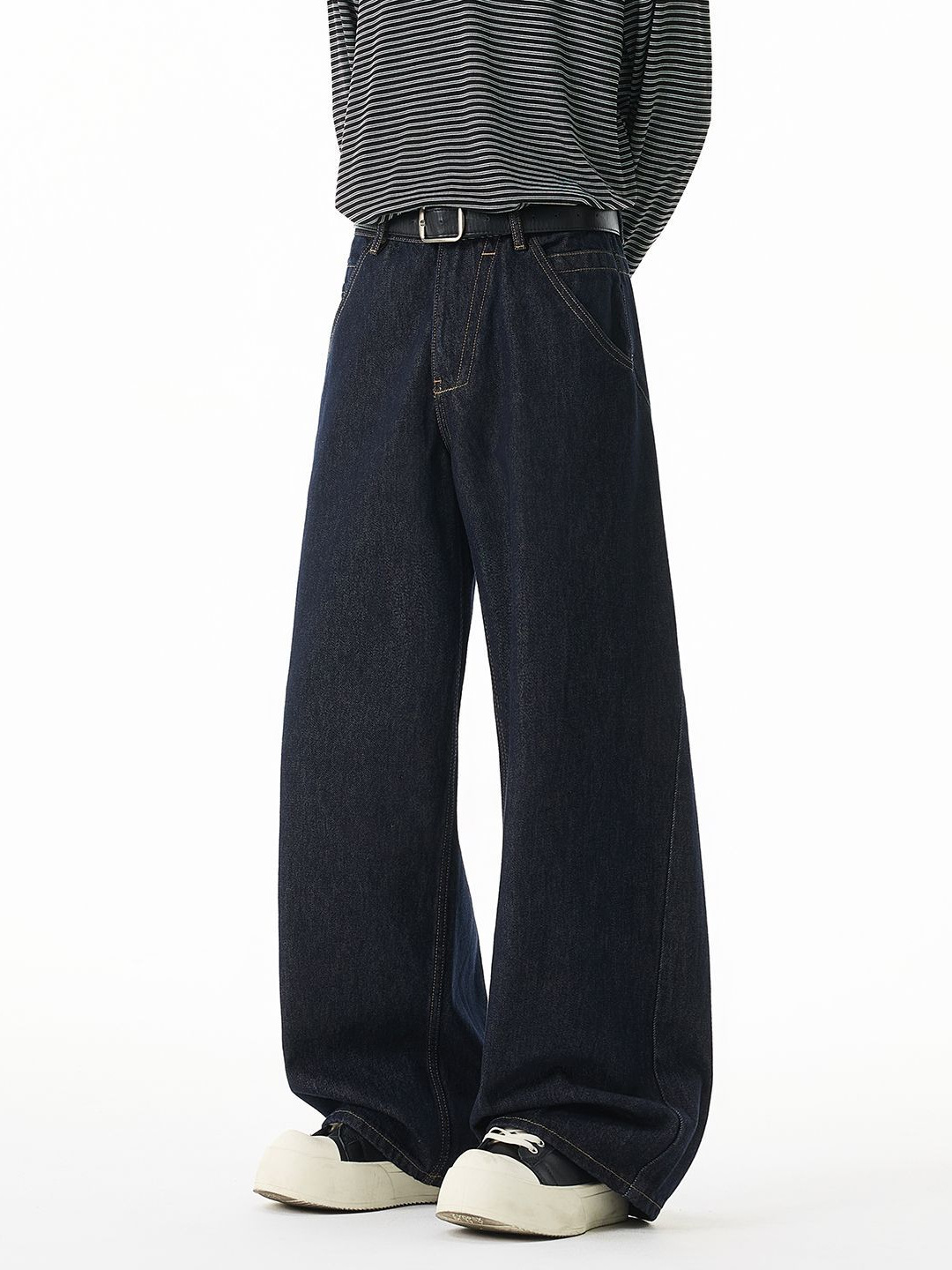 Shanggu Men's Clothing | High-Waisted Jeans with Visible Stitching Design in Original Denim Color, Dark Blue, Unisex, American Style, Loose Straight Fit.