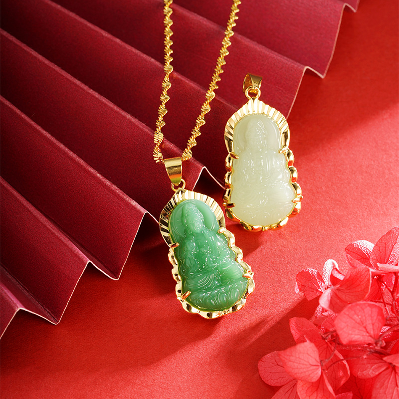 Vietnamese Sand Gold Guanyin Pendant Jade Jade Color Retro National Style Bodhisattva Necklace That Will Not Fade for a Long Time Copper Alloy Jewelry