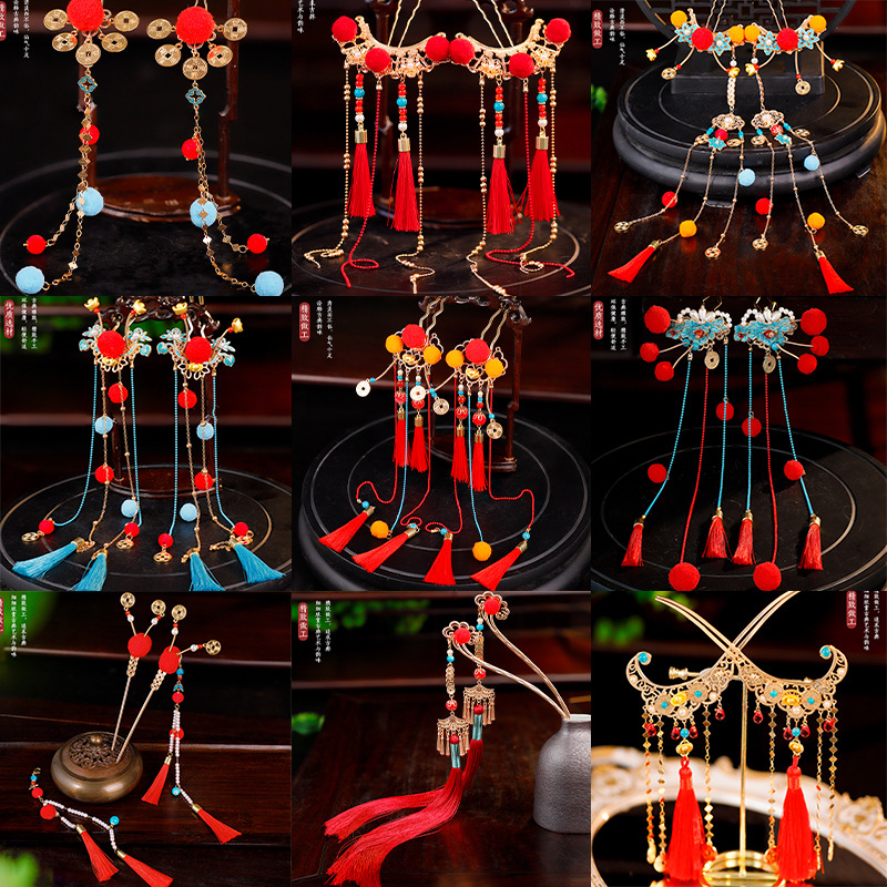 Antique Hanfu Hair Accessories Festive Red Hair Ball Long Tassel Hair Hairpin Cute Little God of Wealth New Year's Day Hair Accessories Photo Accessories