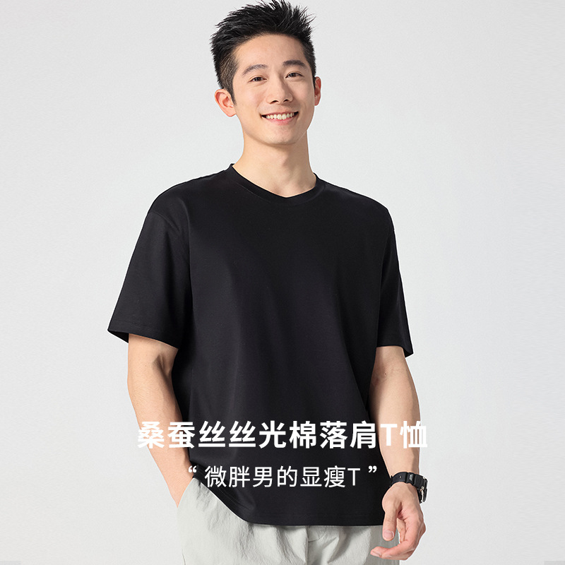 Silk Mulberry Silk Mercerized Cotton Fitted Basic Long-Sleeve T-Shirt with Round Neck, Cool and Comfortable, Suitable for Layering, Men's Style