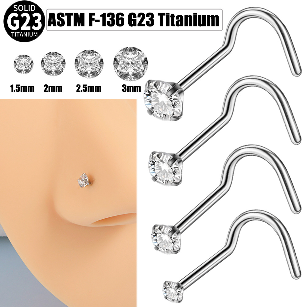 Cross-border Europe and the United States G23 Titanium Grasping Zircon 5-character Nose Nail Steel Color Grasping Round Zircon S Rod Human Body Puncture Nose Nail Jewelry