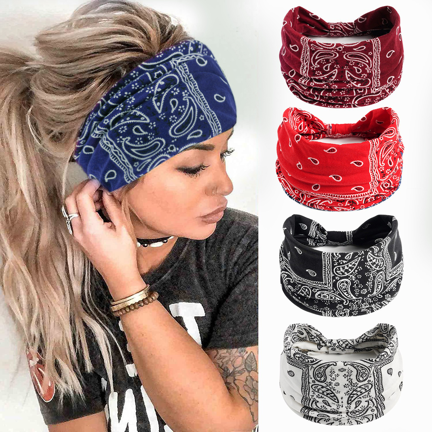 European and American Cross-Border Bohemian Retro Women's Yoga Sports Headband Colorful Patterned Headscarf Elastic Cotton Headband