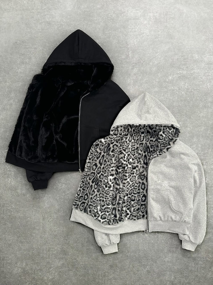 European and American New Autumn and Winter New Hooded Sweatshirt with Two-Sided Pattern Retro Leopard Print Zipper Hoodie Loose Personalized Top